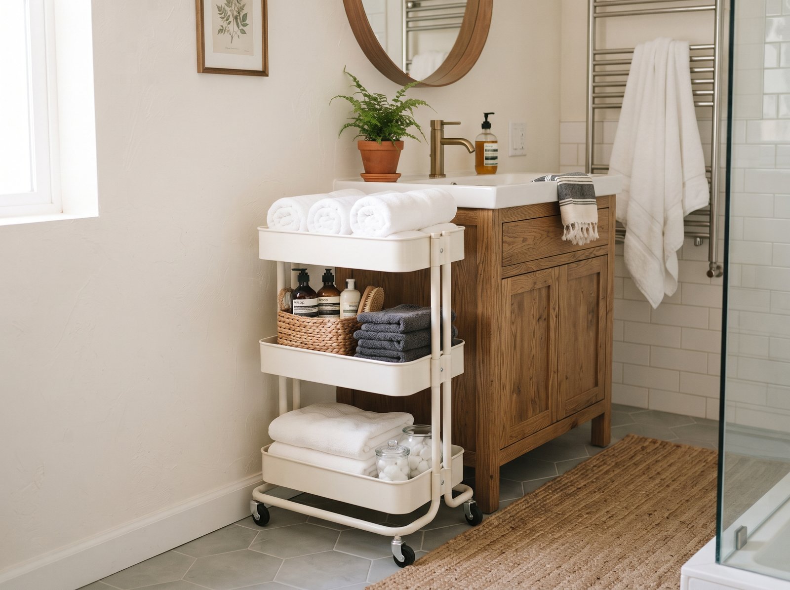 Slim rolling cart beside a bathroom vanity holding rolled towels and a woven basket
