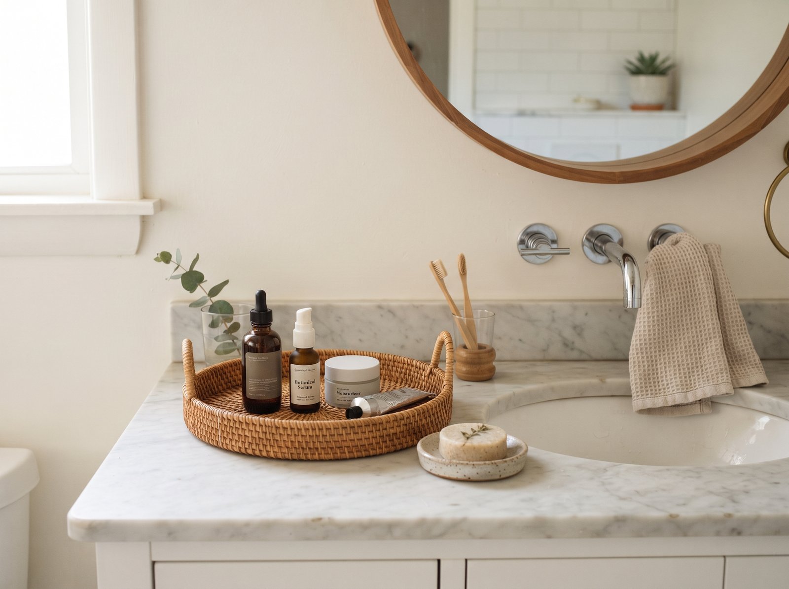Organized bathroom counter with a woven tray holding a few skincare bottles and a soap dish