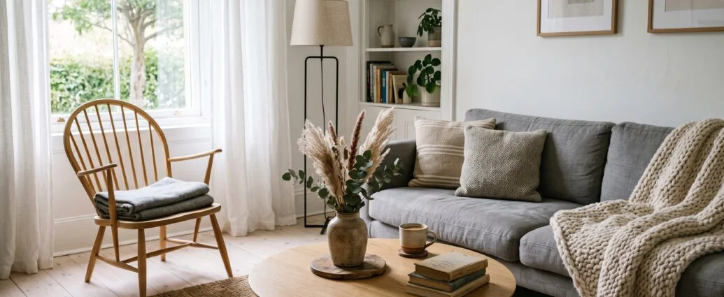 Scandinavian interior design living room with pale wood floors, a linen sofa and layered natural light