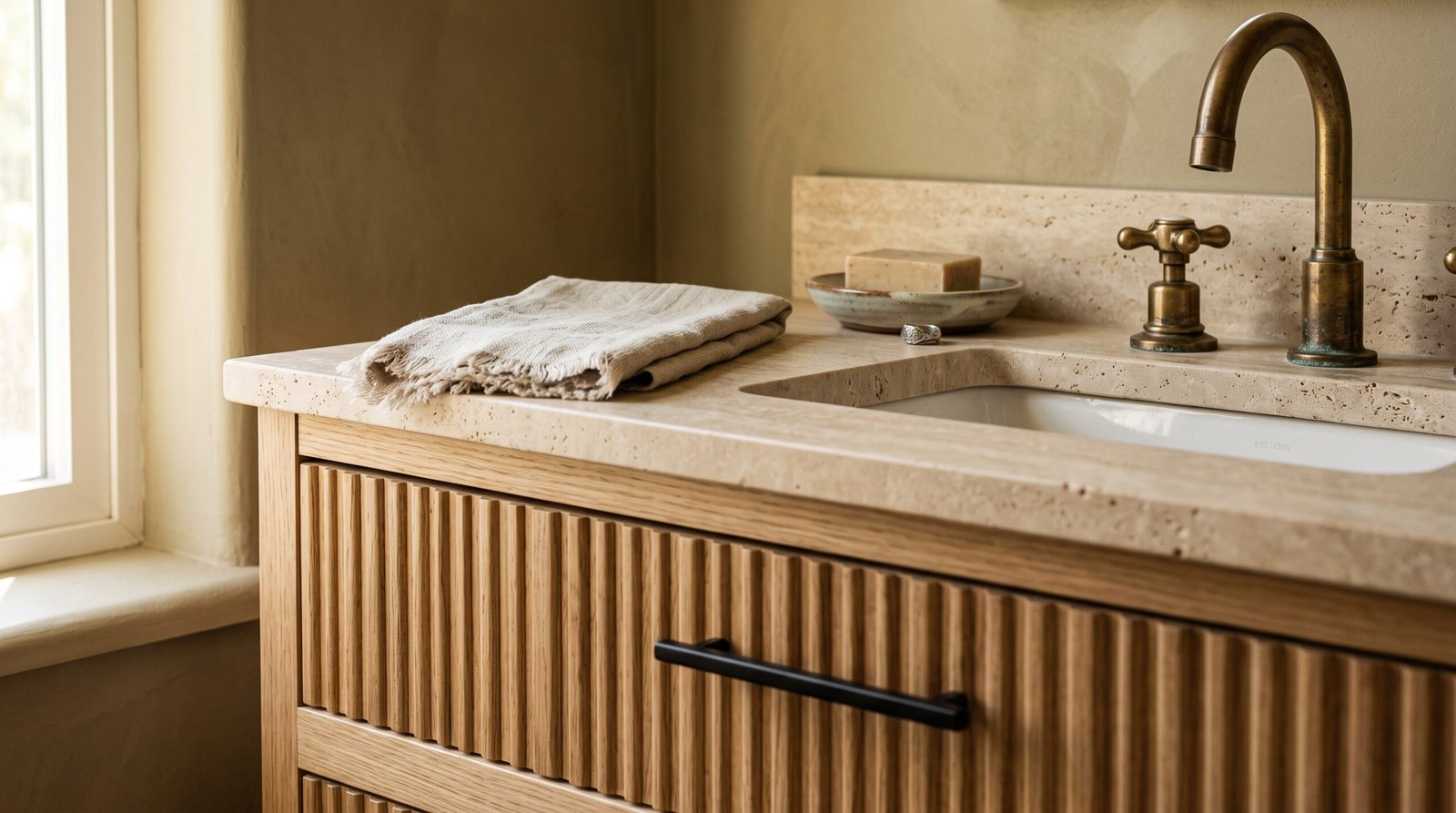 Close-up of a fluted white oak bathroom vanity front with a honed travertine countertop, aged brass faucet and matte black cabinet pull against a clay-toned wall