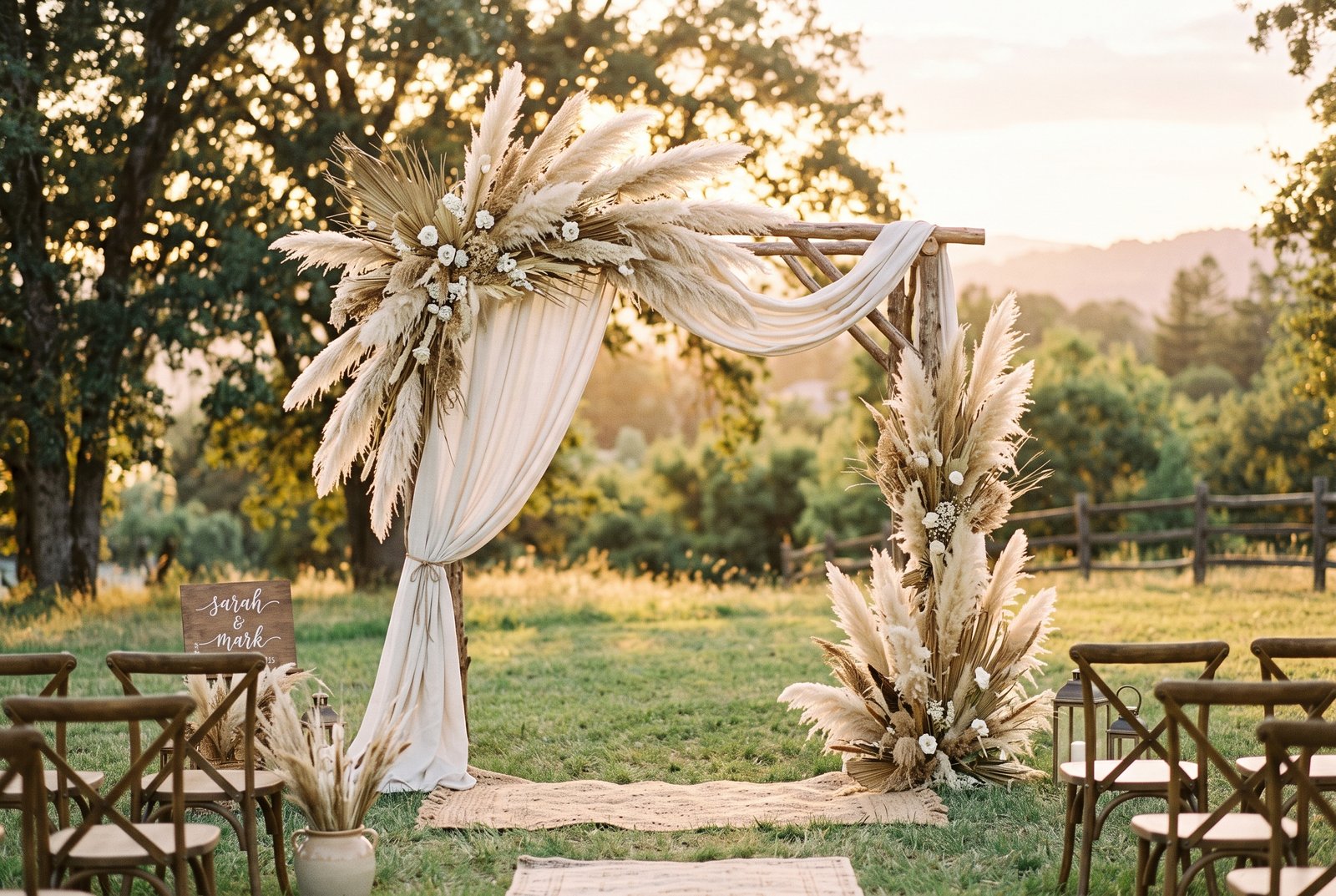 Tall dried pampas grass bundles tied to a wedding ceremony arch with linen drape accents