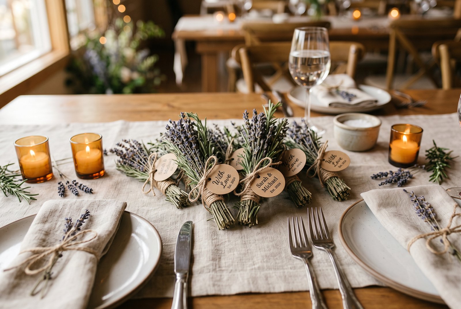 Small dried lavender and rosemary bundles tied with twine as wedding table favors