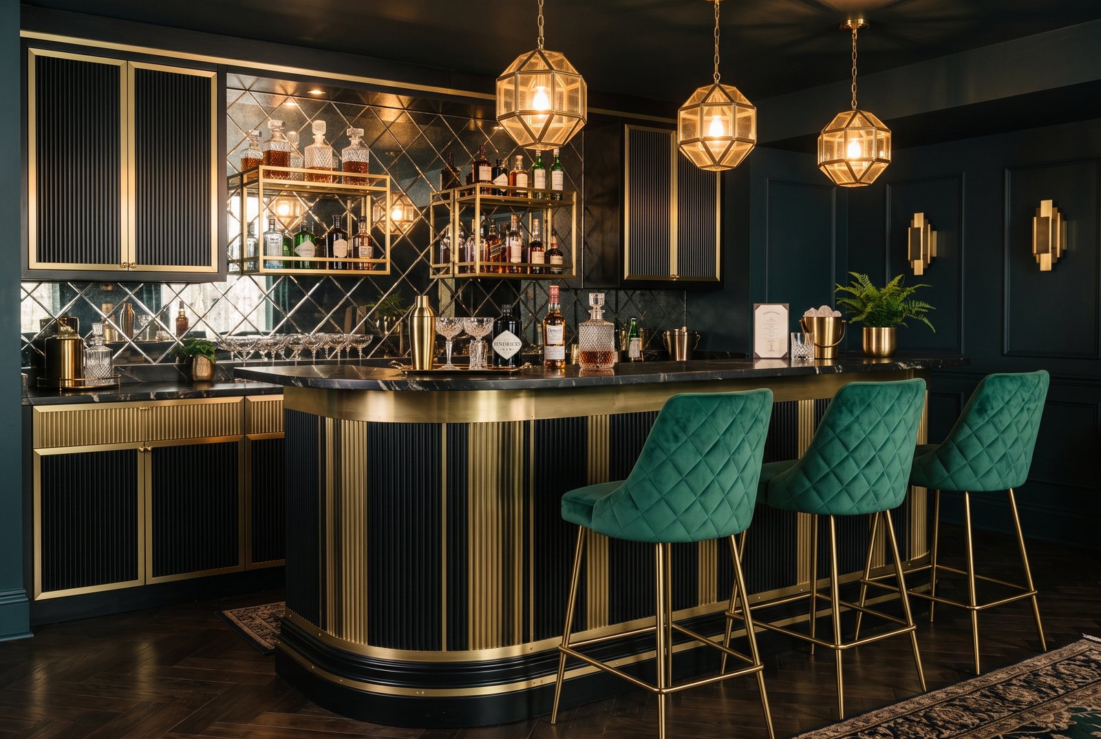 Art Deco style basement home bar with black and brass fluted cabinets, mirrored backsplash and emerald bar stools