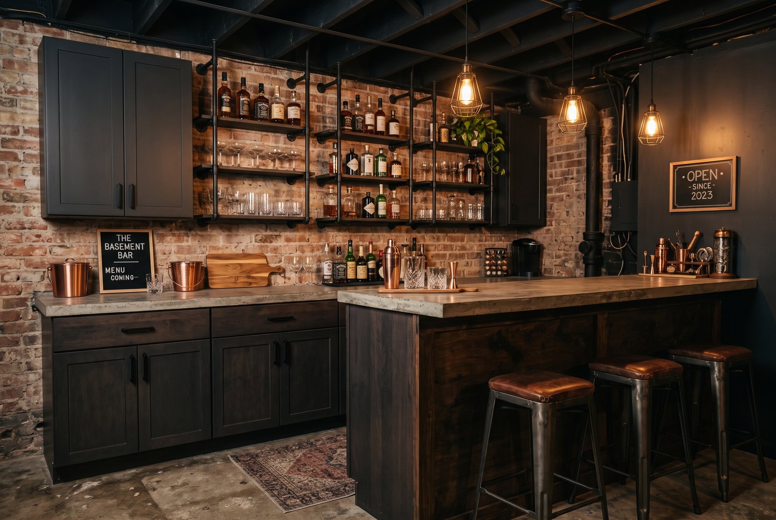 Industrial loft style basement home bar with dark cabinetry, exposed pipe shelving and Edison bulb pendant lighting