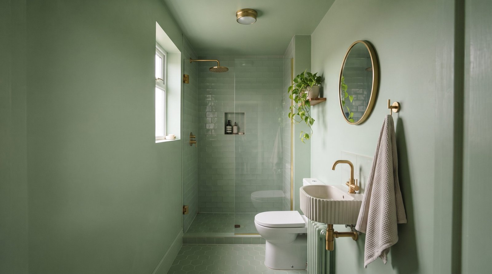 Small bathroom painted entirely in soft sage green across walls, ceiling and trim, with a curbless shower behind a single fixed glass panel at the far end