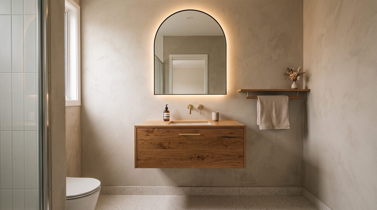 Wall-hung warm oak vanity with open floor visible beneath it and an oversized backlit arched mirror above, in a compact bathroom with warm putty drenched walls
