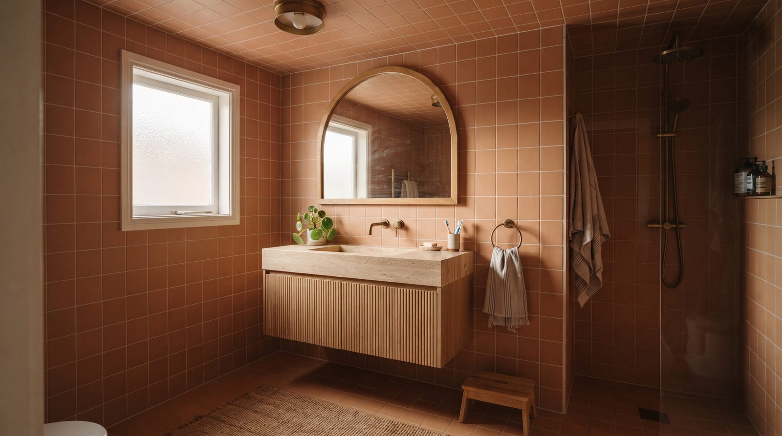 Bathroom with warm clay terracotta tile running continuously across the floor, walls and ceiling, with a fluted white oak wall-hung vanity and aged brass faucet