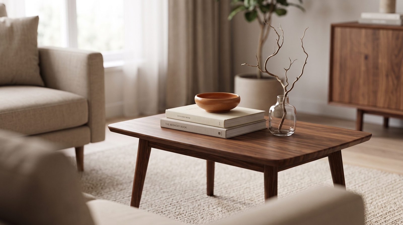 Minimalist coffee table styled with a small stack of books, a ceramic bowl, and one natural accent
