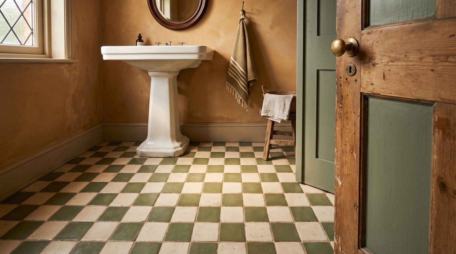 Powder room floor laid in a checkerboard pattern of cream and soft olive green square tiles, with a skirted sink base and a warm mineral painted wall