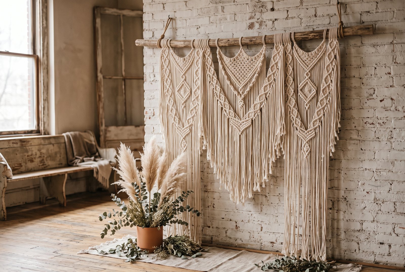 Macrame wedding ceremony backdrop in cream cotton rope with dried pampas grass and eucalyptus accents