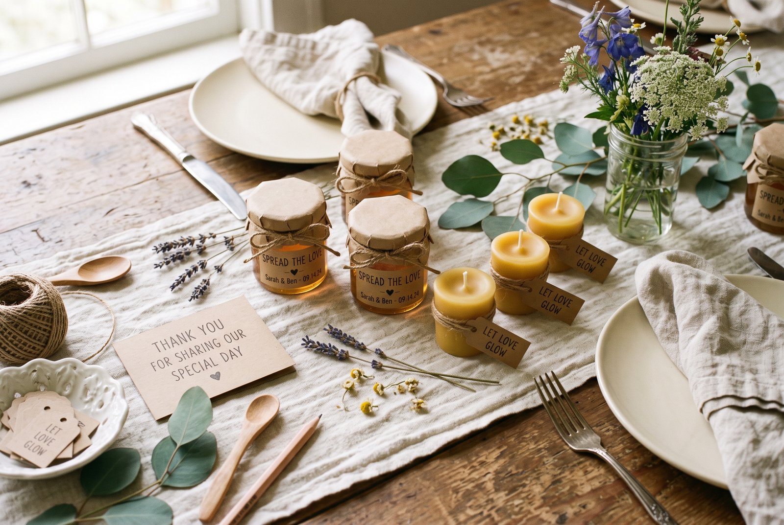 Mini honey jars with kraft lids and beeswax votive candles styled on a linen table runner as wedding favors