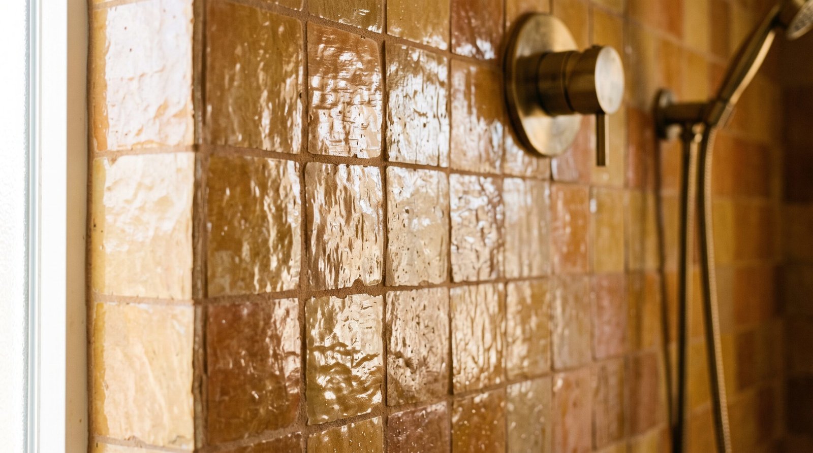 Close-up of handmade zellige tile in warm ochre and clay glaze on a shower wall, each tile slightly uneven and catching the light differently, with sand-toned grout