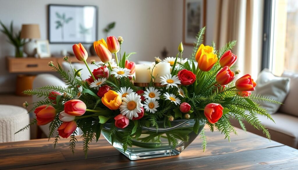 seasonal flowers and greenery arrangement