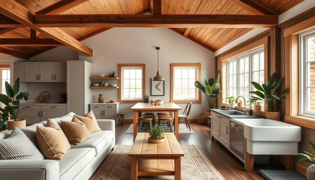 A cozy, modern cottage interior featuring a blend of rustic and contemporary design elements. In the foreground, a comfortable living area with a plush sofa adorned with throw pillows, a natural wood coffee table, and a stylish area rug. In the middle, a tasteful kitchen equipped with sleek cabinetry, open shelving displaying curated dishware, and a farmhouse sink surrounded by greenery. The background showcases large windows allowing natural light to flood the space, accentuating the warmth of wooden beams overhead. Soft, ambient lighting creates a welcoming atmosphere, while houseplants add a touch of freshness. The overall mood is inviting and serene, reflecting practical, modern design tips for cottage interiors.