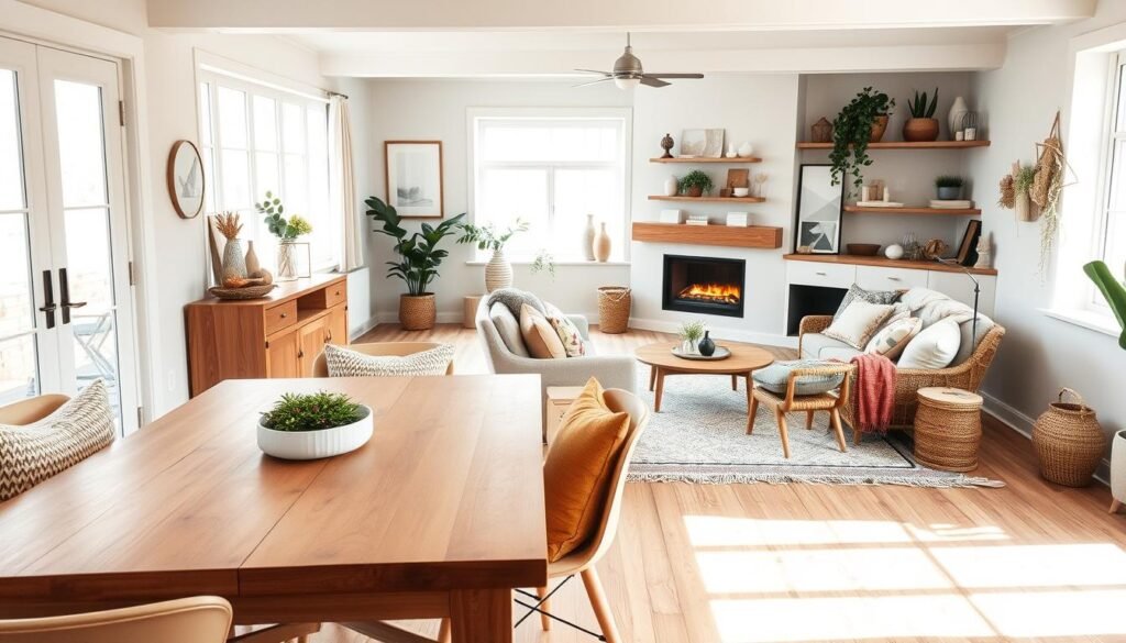 A cozy modern cottage interior featuring a harmonious blend of rustic and contemporary design elements. In the foreground, a warm wooden dining table, surrounded by stylish, textured cushions on minimalist chairs. The middle ground showcases an inviting living area with a plush sofa adorned with colorful throw pillows, an oversized area rug, and a sleek fireplace framed by tasteful decor. Large windows bathe the space in natural light, highlighting the soft color palette of whites, pastels, and earthy tones. The background displays open shelving with curated decor items and indoor plants, enhancing the inviting atmosphere. The mood is serene and welcoming, with gentle, diffused lighting emphasizing the comfort of modern cottage living.