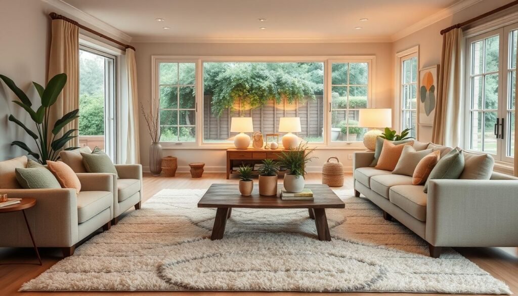 A cozy modern cottage interior featuring a tranquil color palette with soft pastels like sage green, muted peach, and creamy ivory. In the foreground, a plush, layered area rug sets the stage, surrounded by comfortable, stylish furniture in natural fabrics. A rustic wooden coffee table sits at the center, adorned with a few greenery plants in elegant pots. The middle ground showcases warm, inviting ambient lighting, with decorative lamps casting a gentle glow, enhancing the serene atmosphere. In the background, large windows frame a picturesque view of a tranquil garden, filtering soft natural light into the space. The overall mood is calm and inviting, perfect for relaxation and intimate gatherings. The angle captures the essence of warmth and comfort, creating an inviting haven that reflects expert design tips for cozy living.