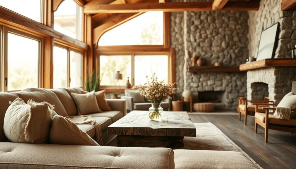A cozy modern cottage interior featuring natural materials like wood, stone, and woven textiles. In the foreground, a plush, earth-toned sofa adorned with organic cotton cushions invites relaxation. The middle ground showcases a stylish coffee table made of reclaimed wood, with a fresh vase of wildflowers adding a pop of color. Large windows in the background allow soft, warm sunlight to filter in, illuminating the space and highlighting the textures of exposed wooden beams and a natural stone fireplace. The overall atmosphere is tranquil and inviting, with a palette of muted greens, browns, and creams, designed for a serene lifestyle.