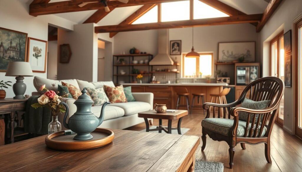 A cozy modern cottage interior that beautifully fuses vintage and contemporary decor elements. In the foreground, a rustic wooden coffee table adorned with a vintage teapot and floral arrangement. The middle ground showcases a plush, modern sofa with soft, neutral fabric, accented by vibrant, retro-patterned cushions. A vintage armchair sits adjacent, featuring intricate woodwork. The background reveals a warm, inviting kitchen with open shelves displaying vintage dishware and modern appliances, bathed in soft, golden hour lighting filtering through large windows. A delicate blend of textures, including exposed beams and modern art pieces, creates a harmonious atmosphere.