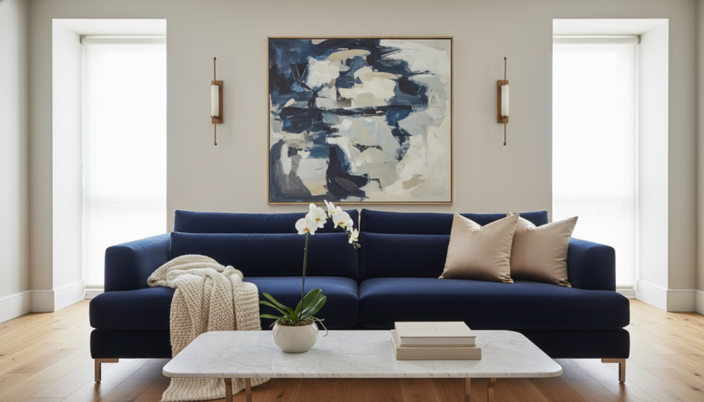 A serene and luxurious interior space, highlighting the balance of textures and lighting in a minimalist setting. In the foreground, a plush velvet sofa in deep navy contrasts with a sleek marble coffee table adorned with a single orchid. The middle ground features a large window allowing soft, natural light to flood in, enhancing the warm wooden floor and airy atmosphere. Subtle layering of textiles, like a knitted throw and silk cushions, adds depth. In the background, a statement piece of abstract art draws the eye, framed by elegant wall sconces casting a gentle glow. The overall mood is harmonious and refined, exuding a sense of calm and sophistication in this luxe clean space design.