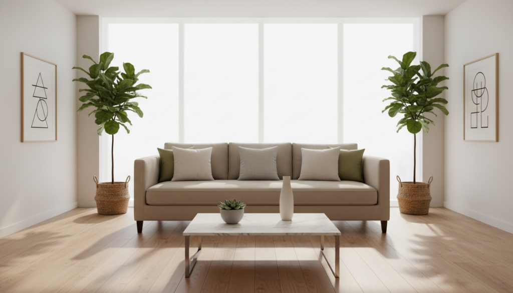 A serene and organized interior space showcasing minimalist design principles. In the foreground, a sleek, white marble coffee table holds a single green plant and a minimalist vase. The middle ground features a plush, neutral-toned sofa with simple, geometric cushions arranged neatly, surrounded by a polished wooden floor. A large window in the background allows soft, natural light to filter in, illuminating the space and casting gentle shadows. The walls are adorned with subtle art pieces, reflecting simplicity and elegance, while potted plants add freshness without clutter. The atmosphere is tranquil and sophisticated, embodying the balance of luxury and simplicity, with a focus on clean lines and open space.