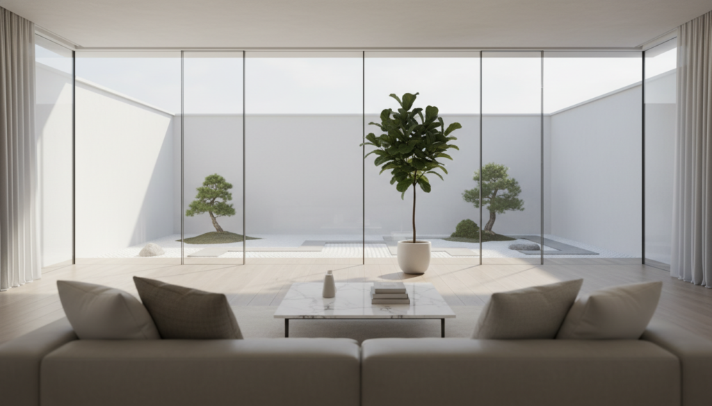 A serene, luxury minimalist interior featuring an expansive open space bathed in soft, natural light. In the foreground, a sleek, low-profile white sofa adorned with plush, textured cushions invites relaxation. The middle ground showcases a polished marble coffee table with elegant, understated decor, such as a single lush green plant in a simple ceramic vase. The background features large floor-to-ceiling windows that frame a tranquil outdoor view with a manicured garden, casting gentle shadows across the polished hardwood floor. The atmosphere is warm and inviting, emphasizing clean lines and harmonious balance, capturing the essence of opulence through rich materials like silk and polished stone. The scene is captured with a soft-focus lens, evoking a sense of calm and sophistication.