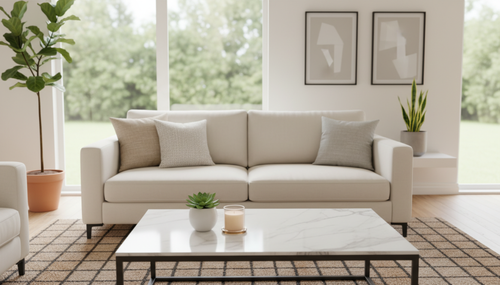 A serene, minimalist interior design showcasing a luxe clean space. In the foreground, a sleek, marble coffee table adorned with stylish decor items like a small succulent plant and an elegant candle. The middle ground features a plush, neutral-toned sofa paired with modern accent pillows, and a stylish area rug that adds warmth. The background reveals large windows allowing soft, natural light to flood the space, highlighting white walls and curated art pieces. Subtle greenery from potted plants enhances the atmosphere, creating a harmonious blend of minimalism and opulence. The mood is calm and inviting, with a focus on practical luxury.