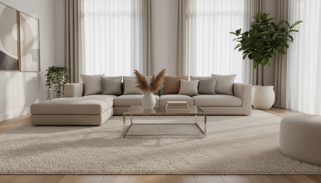 A sophisticated luxury interior scene featuring a neutral color palette with soft beiges, warm grays, and muted whites. In the foreground, elegant textural elements such as a plush cream rug and a sleek glass coffee table with minimalist decor items. The middle ground showcases a finely curated living space with a contemporary sofa adorned with plush pillows, framed by large windows that bathe the area in gentle natural light. The background reveals subtle art pieces on white walls, with a hint of lush greenery from potted plants, enhancing the serene atmosphere. Soft shadows create a sense of depth. The mood is inviting yet opulent, embodying the essence of minimalist luxury.