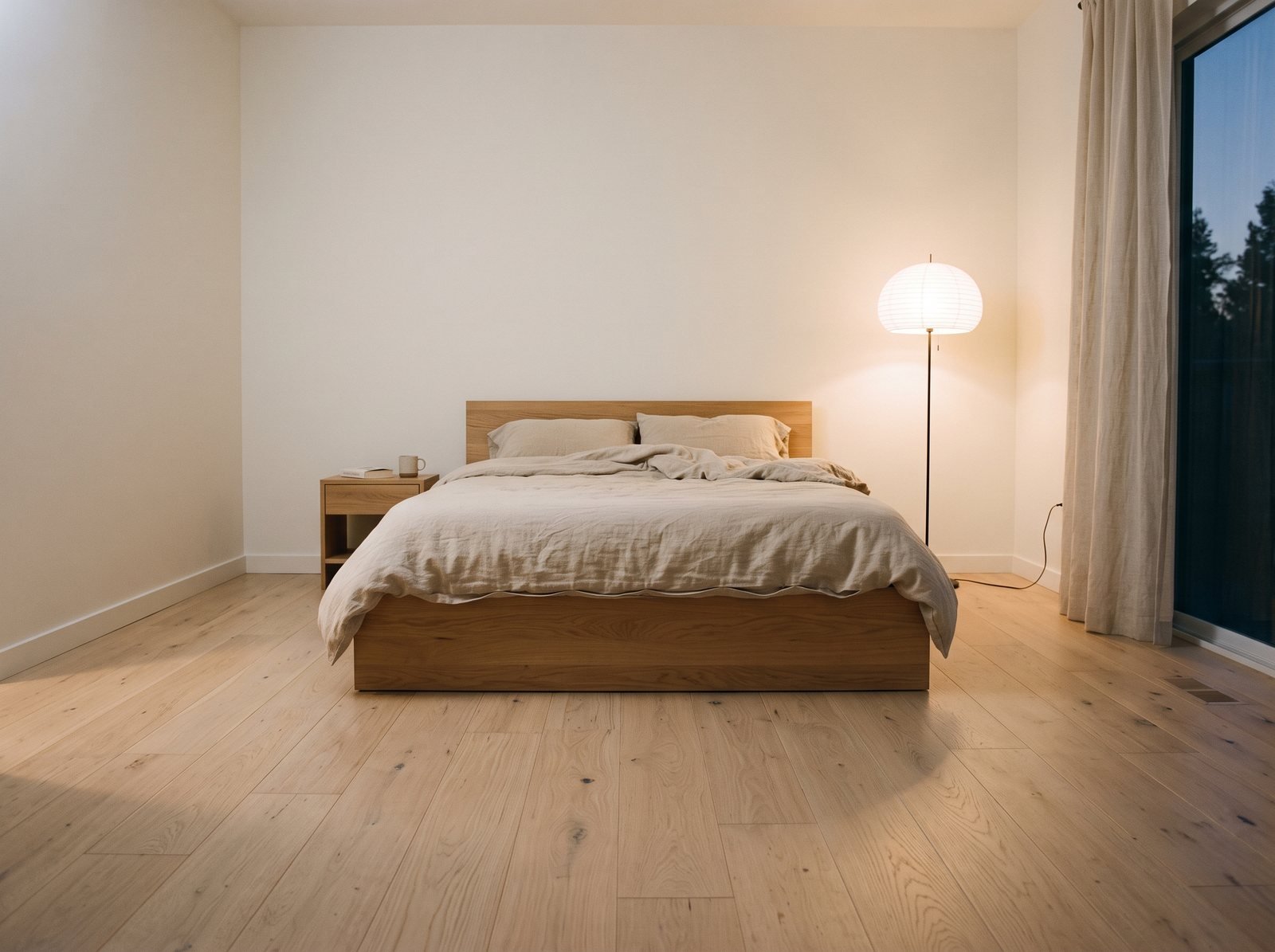 Negative space in a minimalist bedroom: a low oak platform bed with oatmeal linen bedding against a bare wall, a lit paper floor lamp giving a warm glow, and a wide expanse of pale oak floorboards left clear