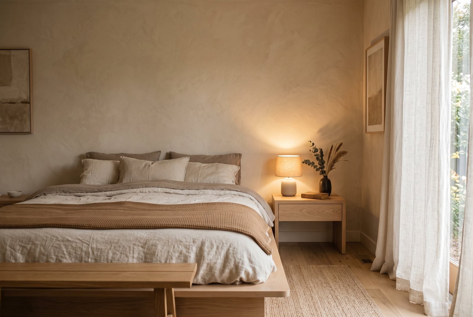 Warm minimalist bedroom with beige plaster walls, a lit ceramic bedside lamp casting soft warm light over cream and taupe linen bedding, a caramel waffle throw and a pale oak nightstand