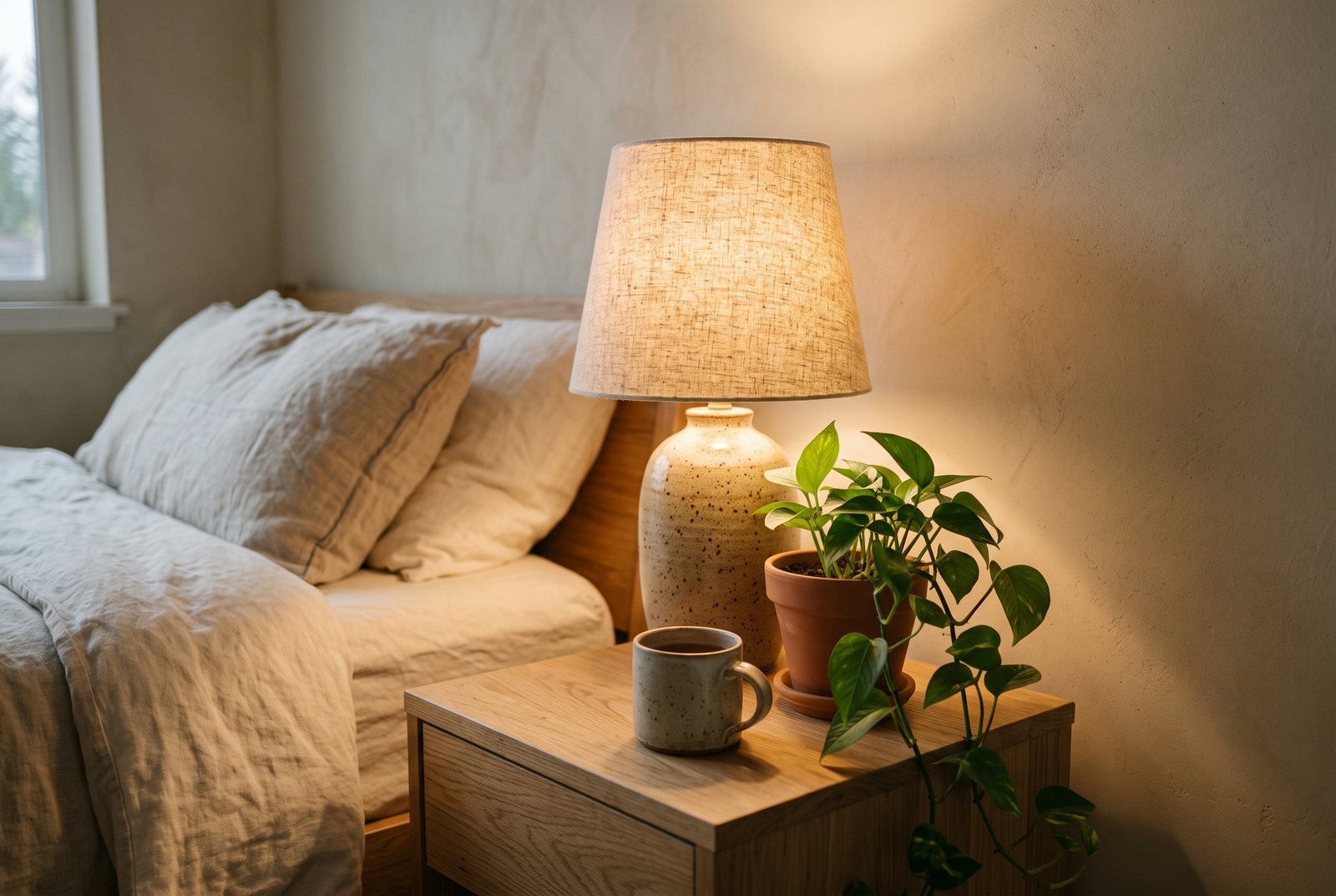 A warm minimalist bedroom nightstand in the evening: a speckled ceramic lamp with a linen shade glowing warm, a trailing pothos in a terracotta pot and a stoneware mug on pale oak, beside cream linen bedding