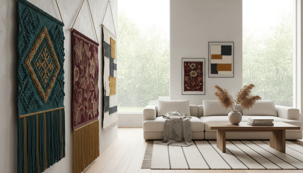A beautifully arranged collection of textile art wall hangings featuring intricate patterns and textures. In the foreground, vibrant wall hangings made of woven fabrics in rich hues of teal, gold, and deep burgundy, showcasing various techniques like macramé and embroidery. In the middle, a stylish modern living room setting with minimalist furniture, where the textiles are elegantly displayed, creating an inviting ambiance. The background includes soft natural lighting that highlights the textures and details of the textiles, with a large window allowing gentle sunlight to filter in, creating a warm and serene atmosphere. The overall mood is contemporary luxury, reflecting the artistic rise of textile art in modern design. A beautifully arranged collection of textile art wall hangings featuring intricate patterns and textures. In the foreground, vibrant wall hangings made of woven fabrics in rich hues of teal, gold, and deep burgundy, showcasing various techniques like macramé and embroidery. In the middle, a stylish modern living room setting with minimalist furniture, where the textiles are elegantly displayed, creating an inviting ambiance. The background includes soft natural lighting that highlights the textures and details of the textiles, with a large window allowing gentle sunlight to filter in, creating a warm and serene atmosphere. The overall mood is contemporary luxury, reflecting the artistic rise of textile art in modern design.