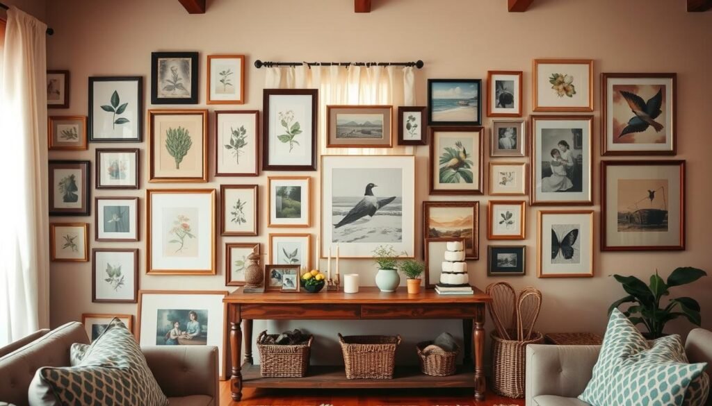 A beautifully curated gallery wall design in a cozy country living room setting. In the foreground, an assortment of framed art pieces, including vintage botanical prints, family photographs, and abstract paintings, each varying in size and style, are arranged creatively. The middle showcases a rustic wooden console table adorned with decorative items like candles and small potted plants. In the background, soft natural light filters through sheer curtains, illuminating the warm hues of the walls and enhancing the inviting atmosphere. The angle captures the entire wall, creating a sense of depth and inviting perspective. The overall mood exudes comfort and creativity, perfect for a country-style retreat.
