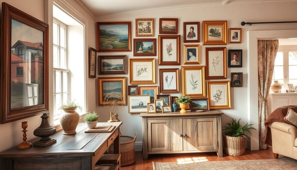 A cozy country cottage interior featuring a beautifully curated gallery wall. In the foreground, a rustic wooden console table adorned with vintage trinkets and a small potted plant. The middle of the image showcases a vibrant gallery wall comprised of various framed artworks, including landscape paintings, botanical prints, and family photos, creating a collage of memories. The frames range from distressed wood to elegant gold, exuding a charming and eclectic vibe. Soft, warm sunlight streams in from a nearby window, casting gentle shadows and highlighting the textures of the wall. In the background, hints of cottage-style decor, such as a woven rug and floral curtains, add to the inviting atmosphere. The overall feel is warm, nostalgic, and creatively inspiring, perfect for showcasing collectible arrangements. A cozy country cottage interior featuring a beautifully curated gallery wall. In the foreground, a rustic wooden console table adorned with vintage trinkets and a small potted plant. The middle of the image showcases a vibrant gallery wall comprised of various framed artworks, including landscape paintings, botanical prints, and family photos, creating a collage of memories. The frames range from distressed wood to elegant gold, exuding a charming and eclectic vibe. Soft, warm sunlight streams in from a nearby window, casting gentle shadows and highlighting the textures of the wall. In the background, hints of cottage-style decor, such as a woven rug and floral curtains, add to the inviting atmosphere. The overall feel is warm, nostalgic, and creatively inspiring, perfect for showcasing collectible arrangements.