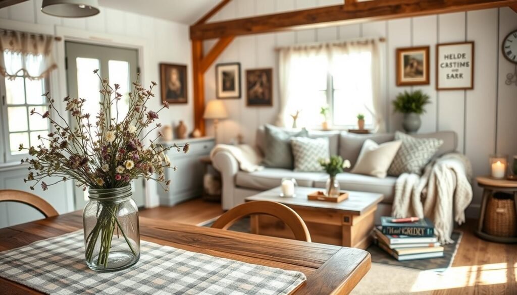 A cozy country cottage interior featuring budget-friendly updates for a warm, inviting space. In the foreground, a rustic wooden dining table adorned with a soft, checkered tablecloth and a bouquet of wildflowers in a mason jar. In the middle, a well-organized living area with a cozy sofa draped in knitted throws, accent pillows, and a small coffee table with a stack of decor books and a lit candle. The background reveals soft, natural light streaming through lace-curtained windows, illuminating wooden beams and vintage wall art. The atmosphere is warm and welcoming, evoking a sense of comfort and simplicity. The scene is expertly captured with a soft focus lens to enhance the inviting ambiance. A cozy country cottage interior featuring budget-friendly updates for a warm, inviting space. In the foreground, a rustic wooden dining table adorned with a soft, checkered tablecloth and a bouquet of wildflowers in a mason jar. In the middle, a well-organized living area with a cozy sofa draped in knitted throws, accent pillows, and a small coffee table with a stack of decor books and a lit candle. The background reveals soft, natural light streaming through lace-curtained windows, illuminating wooden beams and vintage wall art. The atmosphere is warm and welcoming, evoking a sense of comfort and simplicity. The scene is expertly captured with a soft focus lens to enhance the inviting ambiance.