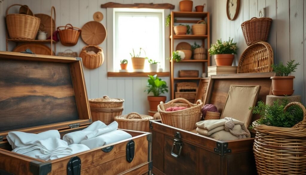 A cozy country cottage interior showcasing creative storage solutions featuring vintage trunks and woven baskets. In the foreground, a rustic wooden trunk is open, revealing neatly folded linens. Surrounding it are various decorative wicker baskets, some filled with colorful yarn and others holding potted plants. In the middle ground, a charming wooden shelf displays additional baskets, all arranged in an aesthetically pleasing manner. The background features a softly lit room with warm, natural light streaming through a window, illuminating the space with a gentle glow. The atmosphere is inviting and serene, emphasizing a blend of functionality and rustic elegance. Camera angle positioned at eye level, with a soft focus on the textures of the materials. A cozy country cottage interior showcasing creative storage solutions featuring vintage trunks and woven baskets. In the foreground, a rustic wooden trunk is open, revealing neatly folded linens. Surrounding it are various decorative wicker baskets, some filled with colorful yarn and others holding potted plants. In the middle ground, a charming wooden shelf displays additional baskets, all arranged in an aesthetically pleasing manner. The background features a softly lit room with warm, natural light streaming through a window, illuminating the space with a gentle glow. The atmosphere is inviting and serene, emphasizing a blend of functionality and rustic elegance. Camera angle positioned at eye level, with a soft focus on the textures of the materials.