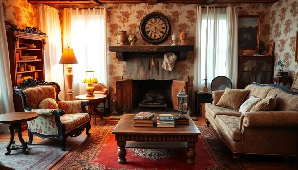A cozy country living room adorned with a vintage antique furniture collection. In the foreground, a richly carved mahogany armchair with a floral upholstery pattern sits beside a small round oak side table, topped with a vintage lamp casting a warm, inviting glow. In the middle, a distressed wooden coffee table displays an assortment of antique books and a decorative bowl. Surrounding the space, soft rugs complement the timeworn wooden flooring, while a large, rustic fireplace serves as a centerpiece, framed by worn wallpaper featuring faded floral designs. Natural light filters through sheer curtains, enhancing the ambiance with a soft, golden hue. The overall mood is warm, inviting, and nostalgic, reflecting the charm of integrating vintage and antique furnishings into modern decor.