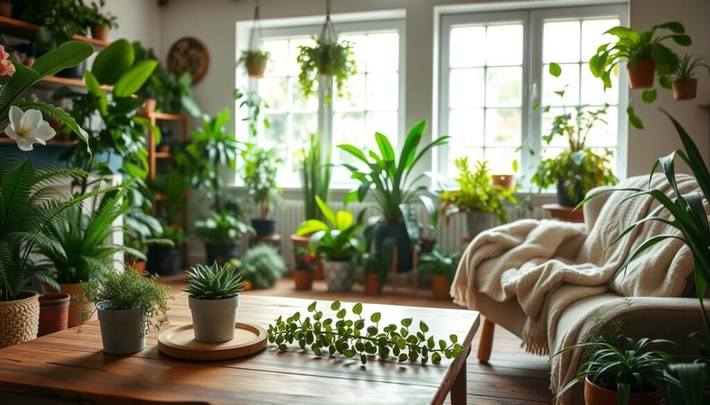 A cozy country living room filled with lush indoor plants, showcasing a variety of greenery such as ferns, succulents, and flowering plants. In the foreground, a rustic wooden coffee table adorned with a small potted plant and soft, natural textiles. The middle ground features a comfortable armchair draped with a knitted throw, surrounded by bright green plants in decorative pots, creating an inviting nook. In the background, soft, diffused sunlight streams through large windows, casting gentle shadows and illuminating the space with a warm, peaceful glow. The overall mood is serene and welcoming, perfect for a country-style decor theme, emphasizing the balance of nature and comfort in home design.