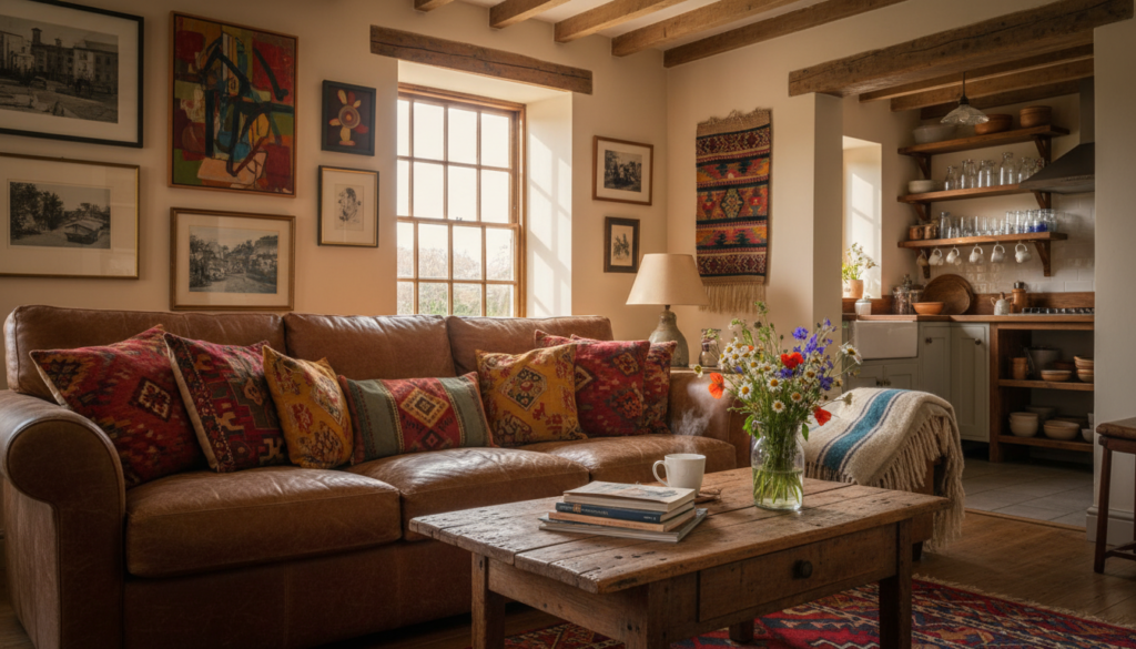 A cozy living room exuding authenticity, featuring a well-worn leather sofa adorned with colorful throw pillows and a textured woolen blanket draped casually over one arm. In the foreground, a rustic wooden coffee table holds a few well-loved books, a steaming mug, and a delicate vase of fresh wildflowers. The middle ground showcases a large window letting in warm, golden sunlight, illuminating the natural wood beams of the ceiling and showcasing a collection of art pieces on the walls that reflect personal stories. The background features a glimpse of a compact kitchen with open shelving displaying curated ceramics and glassware. The overall mood is inviting and lived-in, captured with soft, natural lighting, using a warm color palette. The angle should suggest an intimate, homely atmosphere, emphasizing the beauty of lived-in elegance. A cozy living room exuding authenticity, featuring a well-worn leather sofa adorned with colorful throw pillows and a textured woolen blanket draped casually over one arm. In the foreground, a rustic wooden coffee table holds a few well-loved books, a steaming mug, and a delicate vase of fresh wildflowers. The middle ground showcases a large window letting in warm, golden sunlight, illuminating the natural wood beams of the ceiling and showcasing a collection of art pieces on the walls that reflect personal stories. The background features a glimpse of a compact kitchen with open shelving displaying curated ceramics and glassware. The overall mood is inviting and lived-in, captured with soft, natural lighting, using a warm color palette. The angle should suggest an intimate, homely atmosphere, emphasizing the beauty of lived-in elegance.