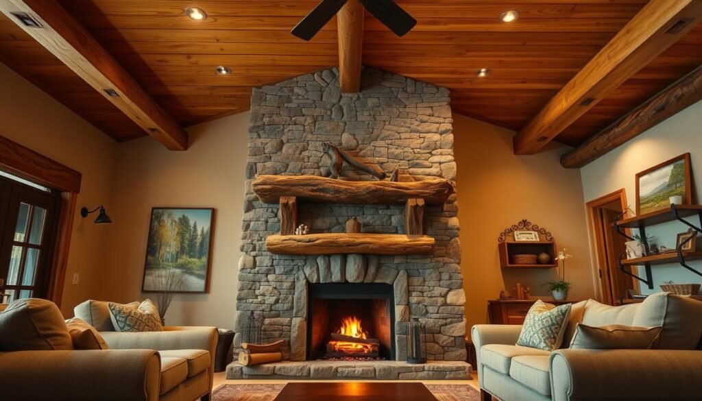 A cozy rustic living room featuring a beautifully designed fireplace as the focal point, adorned with hand-carved wooden mantels and stacked stone detailing. Above, a warm wooden ceiling with exposed beams complements the earthy tones. The foreground showcases a plush area rug and inviting seating arranged around the fire. In the middle ground, soft, ambient lighting creates a warm atmosphere, enhanced by flickering flames. The background reveals walls decorated with nature-inspired artwork and a few rustic shelves displaying homely decor elements. The overall mood should evoke warmth, comfort, and a welcoming ambiance.