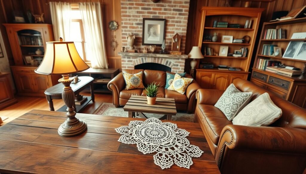 A inviting country living room featuring a harmonious blend of warm wood and vintage furniture. In the foreground, a rustic wooden coffee table adorned with a delicate lace doily and a vintage lamp casts soft light. The middle showcases a cozy, well-worn leather sofa with colorful patterned throw pillows, paired with a reclaimed wood side table displaying a potted plant. In the background, an exposed brick fireplace adds character, flanked by wooden bookshelves filled with well-loved books and antique decor. Natural light streams through sheer curtains, creating an inviting atmosphere. The overall mood is warm and welcoming, capturing the essence of country living decor. Aim for a slight overhead angle to emphasize the layout and textures, with a soft focus for a dreamy effect.