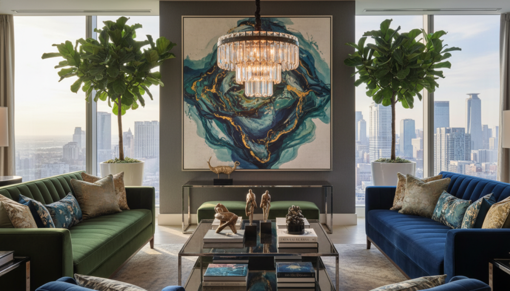 A luxurious interior design scene for 2026, showcasing modern elegance and sophistication. In the foreground, a beautifully styled living room featuring plush velvet sofas in deep jewel tones, a sleek glass coffee table adorned with artistic decor, and textured throw pillows. The middle ground includes a large, abstract art piece on the wall, complemented by a striking chandelier made of crystal and metal. Luxurious plants in elegant pots add a touch of nature. In the background, expansive windows reveal a panoramic cityscape bathed in soft, natural light, creating a warm atmosphere. The setting conveys a blend of contemporary and timeless design, ideal for a high-end lifestyle. The lighting is soft and inviting, enhancing the richness of materials and colors. A luxurious interior design scene for 2026, showcasing modern elegance and sophistication. In the foreground, a beautifully styled living room featuring plush velvet sofas in deep jewel tones, a sleek glass coffee table adorned with artistic decor, and textured throw pillows. The middle ground includes a large, abstract art piece on the wall, complemented by a striking chandelier made of crystal and metal. Luxurious plants in elegant pots add a touch of nature. In the background, expansive windows reveal a panoramic cityscape bathed in soft, natural light, creating a warm atmosphere. The setting conveys a blend of contemporary and timeless design, ideal for a high-end lifestyle. The lighting is soft and inviting, enhancing the richness of materials and colors.
