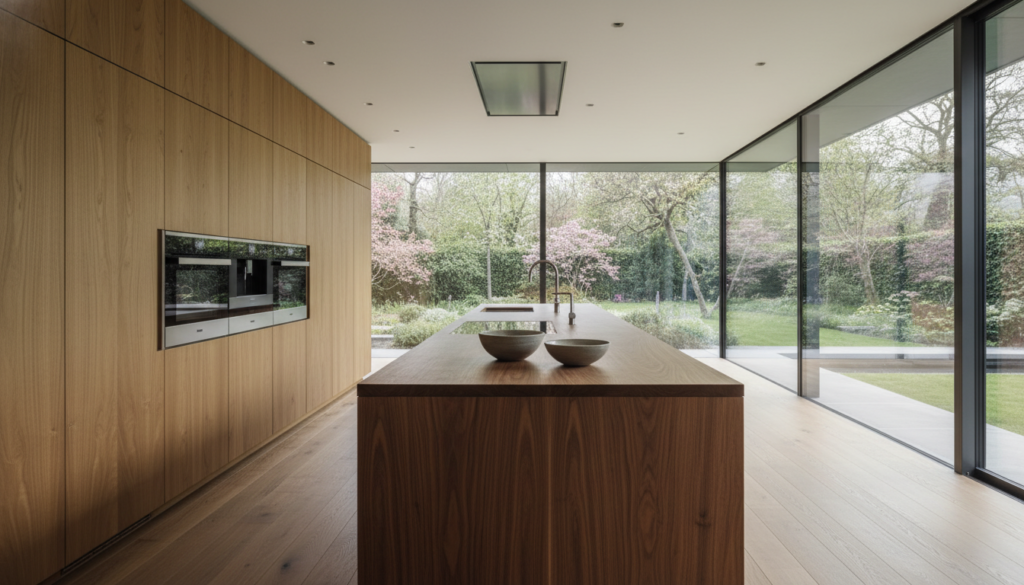 A modern kitchen transformed into a luxurious landscape, showcasing natural wood elements. In the foreground, a sleek wooden island with elegant finishes and textured grain invites touch. The middle ground features high-end appliances seamlessly integrated into cabinetry made from rich, sustainable wood, reflecting both functionality and organic beauty. The background presents a panoramic view of large windows opening to a lush garden, allowing soft natural light to flood in. Subtle shadows play across the space, creating warmth and depth. The atmosphere is serene yet sophisticated, embodying the essence of contemporary luxury living. No people present; the focus remains on the evolving design of the kitchen landscape. A modern kitchen transformed into a luxurious landscape, showcasing natural wood elements. In the foreground, a sleek wooden island with elegant finishes and textured grain invites touch. The middle ground features high-end appliances seamlessly integrated into cabinetry made from rich, sustainable wood, reflecting both functionality and organic beauty. The background presents a panoramic view of large windows opening to a lush garden, allowing soft natural light to flood in. Subtle shadows play across the space, creating warmth and depth. The atmosphere is serene yet sophisticated, embodying the essence of contemporary luxury living. No people present; the focus remains on the evolving design of the kitchen landscape.