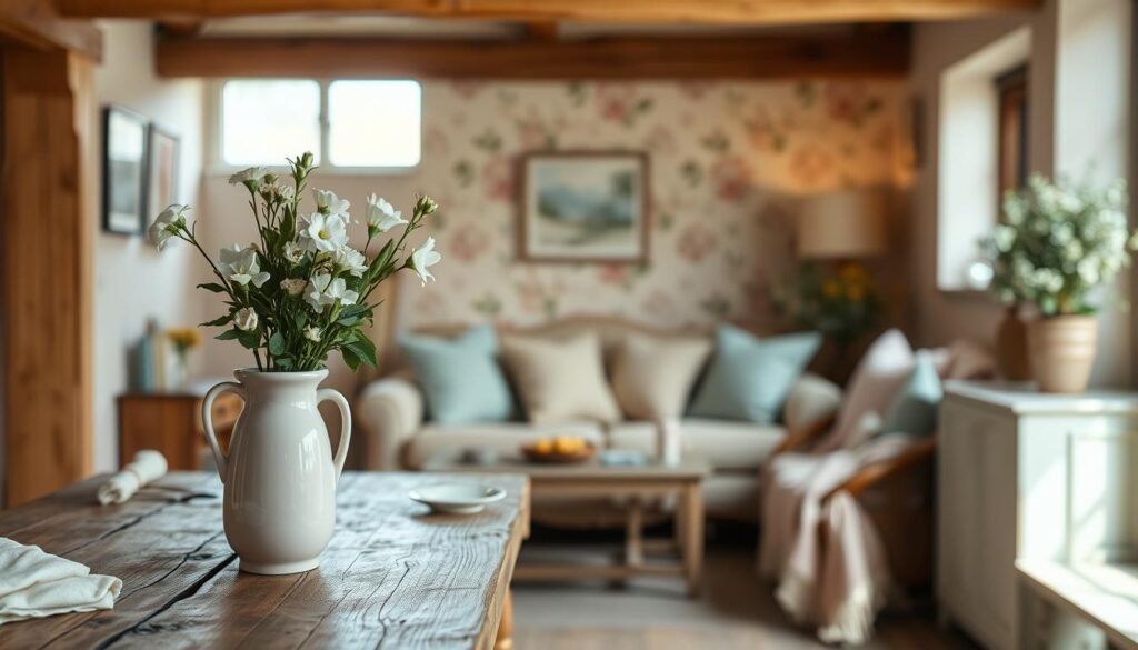 A serene country cottage interior softly illuminated by warm, natural light. In the foreground, a rustic wooden table adorned with delicate pastel-hued items, such as a pale pink ceramic vase holding fresh white flowers, and soft cream-colored linens. The middle ground features an inviting seating area with plush, pastel cushions in muted blues and greens, complemented by a cozy, knitted throw. The background showcases a warmly painted wall with subtle floral wallpaper in soft tones, framed by vintage wooden beams above. A serene country cottage interior softly illuminated by warm, natural light. In the foreground, a rustic wooden table adorned with delicate pastel-hued items, such as a pale pink ceramic vase holding fresh white flowers, and soft cream-colored linens. The middle ground features an inviting seating area with plush, pastel cushions in muted blues and greens, complemented by a cozy, knitted throw. The background showcases a warmly painted wall with subtle floral wallpaper in soft tones, framed by vintage wooden beams above.