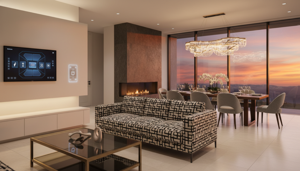 A sleek, modern luxury home interior showcasing a blend of smart technology and elegant design elements. In the foreground, an open living area features a plush, contemporary sofa with geometric patterns and a stylish glass coffee table. A smart home control panel seamlessly integrates into the sleek wall design. In the middle, a spacious dining area boasts a stunning chandelier and an elegant wooden dining table set for an intimate dinner. Large floor-to-ceiling windows in the background reveal a vibrant sunset casting a warm golden glow across the room, enhancing the sense of tranquility and sophistication. The overall atmosphere is inviting yet opulent, reflecting the pinnacle of luxury home design trends for 2026, with soft ambient lighting and a cozy fire in a modern fireplace. A sleek, modern luxury home interior showcasing a blend of smart technology and elegant design elements. In the foreground, an open living area features a plush, contemporary sofa with geometric patterns and a stylish glass coffee table. A smart home control panel seamlessly integrates into the sleek wall design. In the middle, a spacious dining area boasts a stunning chandelier and an elegant wooden dining table set for an intimate dinner. Large floor-to-ceiling windows in the background reveal a vibrant sunset casting a warm golden glow across the room, enhancing the sense of tranquility and sophistication. The overall atmosphere is inviting yet opulent, reflecting the pinnacle of luxury home design trends for 2026, with soft ambient lighting and a cozy fire in a modern fireplace.