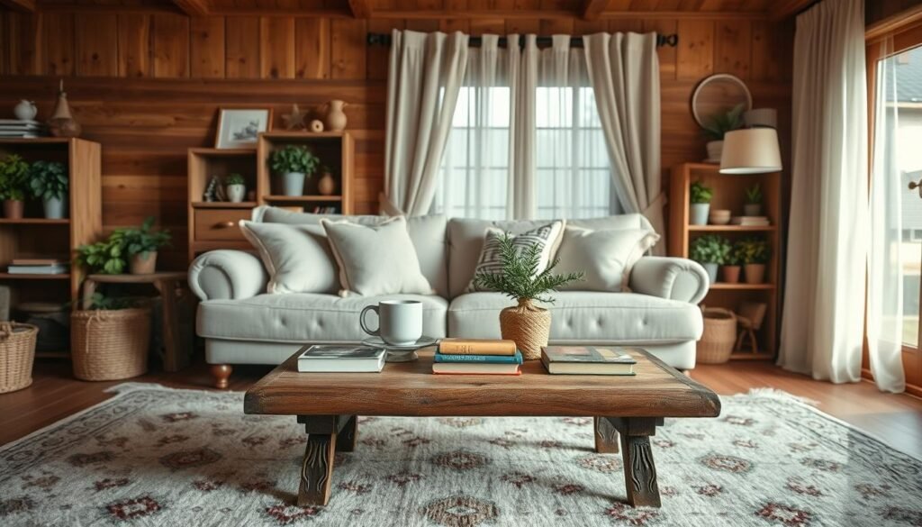 A warm and inviting cozy living room transformation featuring a beautiful mix of rustic and modern country cottage decor. In the foreground, a plush area rug with intricate patterns sets the stage, while a comfortable, overstuffed sofa adorned with soft pillows invites relaxation. In the middle, a rustic coffee table holds a steaming mug and a decorative plant, alongside a stack of charming books. To one side, a quaint bookshelf displays well-loved trinkets and potted herbs. The background reveals a softly lit window, with flowing sheer curtains that gently illuminate the space with natural light, casting a serene glow. Warm wood tones and subtle pastels dominate the color palette, creating a soothing atmosphere. The scene exudes a sense of tranquility and homey comfort, perfect for enjoying quiet moments. A warm and inviting cozy living room transformation featuring a beautiful mix of rustic and modern country cottage decor. In the foreground, a plush area rug with intricate patterns sets the stage, while a comfortable, overstuffed sofa adorned with soft pillows invites relaxation. In the middle, a rustic coffee table holds a steaming mug and a decorative plant, alongside a stack of charming books. To one side, a quaint bookshelf displays well-loved trinkets and potted herbs. The background reveals a softly lit window, with flowing sheer curtains that gently illuminate the space with natural light, casting a serene glow. Warm wood tones and subtle pastels dominate the color palette, creating a soothing atmosphere. The scene exudes a sense of tranquility and homey comfort, perfect for enjoying quiet moments.
