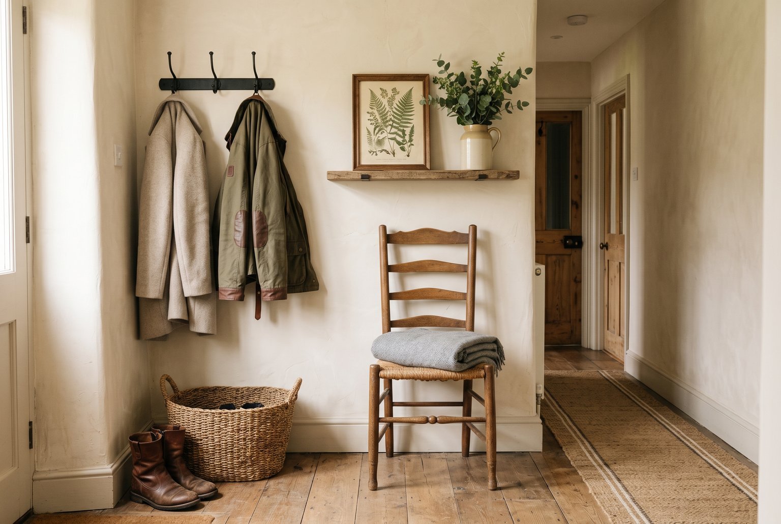 Cottage entry hallway with an iron hook rail, coats, a seagrass basket of boots, a rush-seat wooden chair and a leaning botanical print