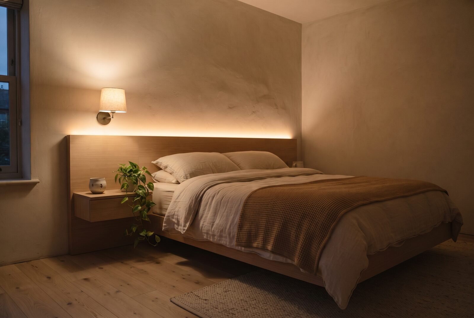 Minimalist bedroom with warm LED lights: a concealed strip above a pale oak headboard washing a beige plaster wall with amber light, a linen-shaded wall sconce, oatmeal linen bedding and a caramel waffle throw
