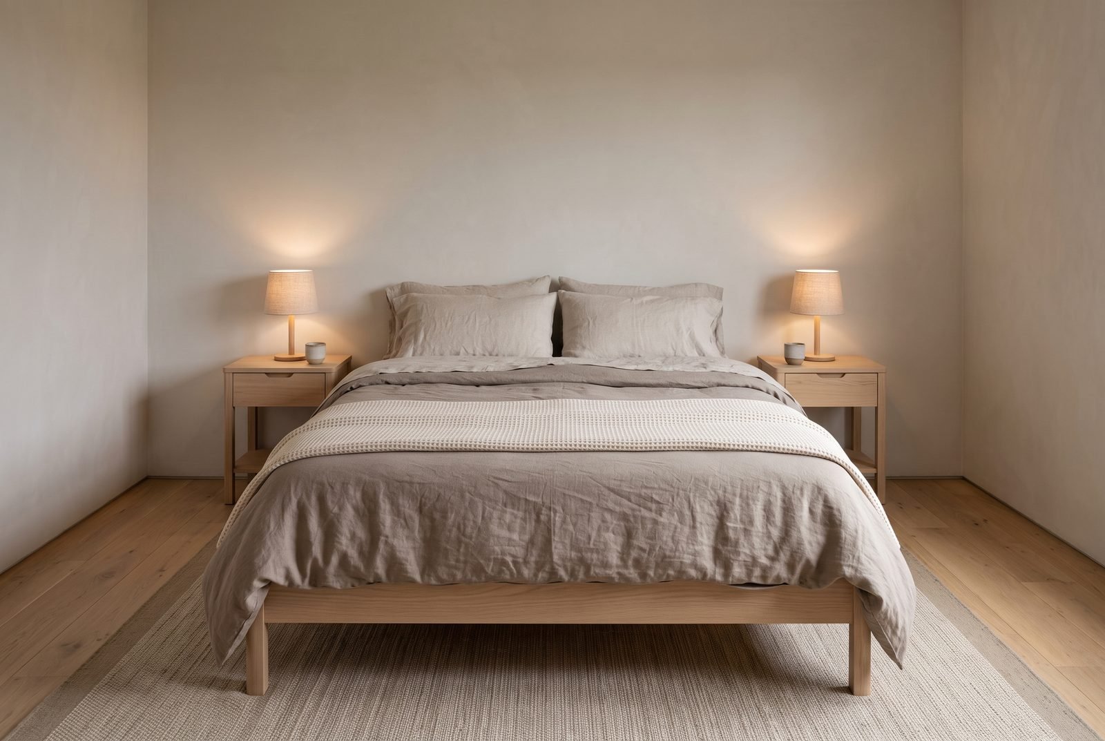 Queen bed on a low pale oak frame centred between two matching oak nightstands, each holding a lit linen-shaded lamp and a small ceramic cup, with clear oak floorboards on both sides and an oat flat-weave rug running past the foot of the bed