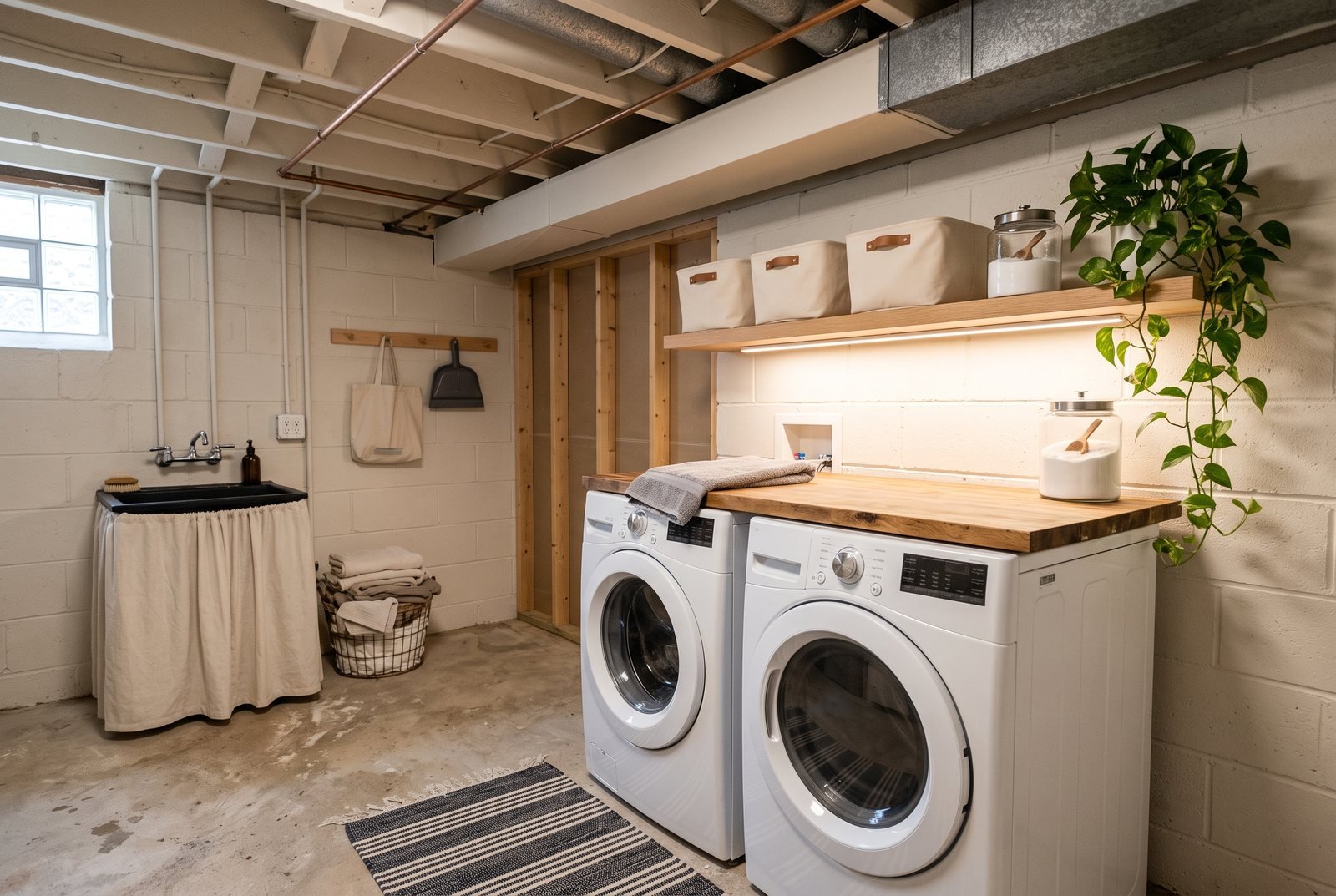 Unfinished basement laundry room with painted block walls, exposed joists overhead, a butcher block folding counter over white machines and a skirted utility sink